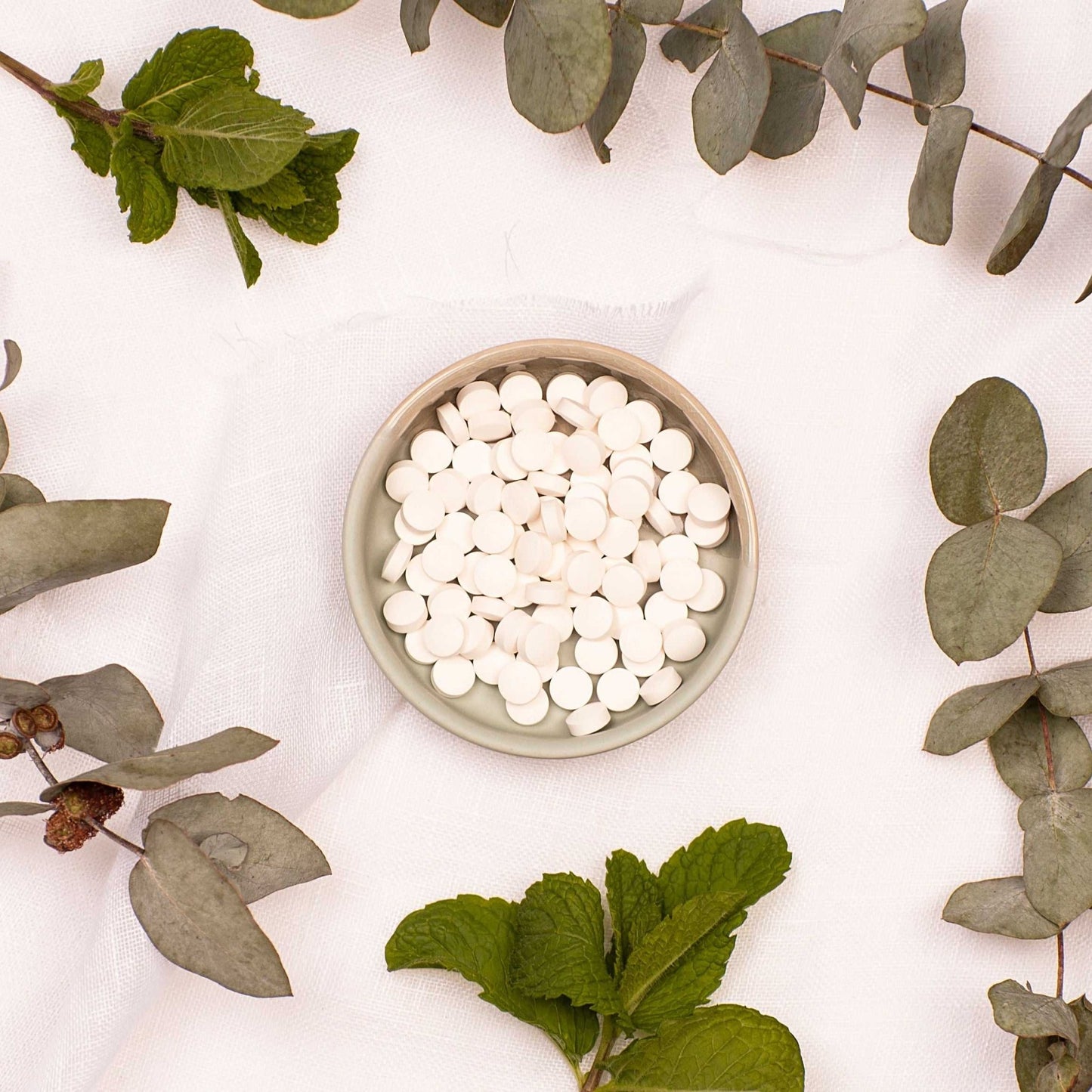 DENTtab Toothpaste Tablets - With Fluoride on table with leaves - Eco Patch