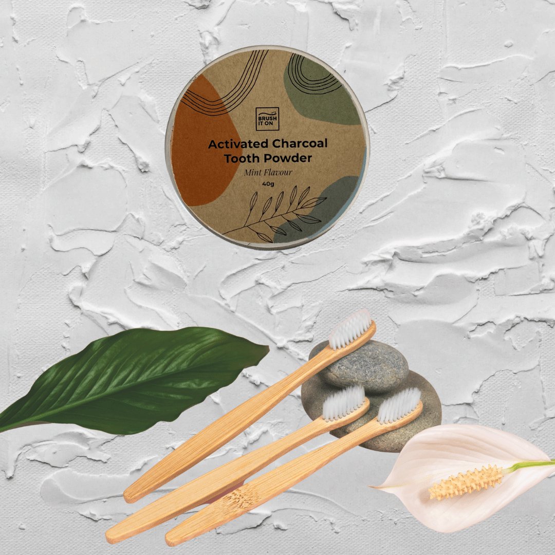 Tooth Powder - Activated Charcoal - Eco Patch On table with toothbrushes